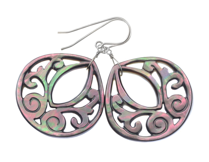 Mother of Pearl Black Lip Shell Teardrop Earrings Natural Peacock Carved Sterling Silver  Silvery Pink and Blue Colors 14k Solid Gold 2"