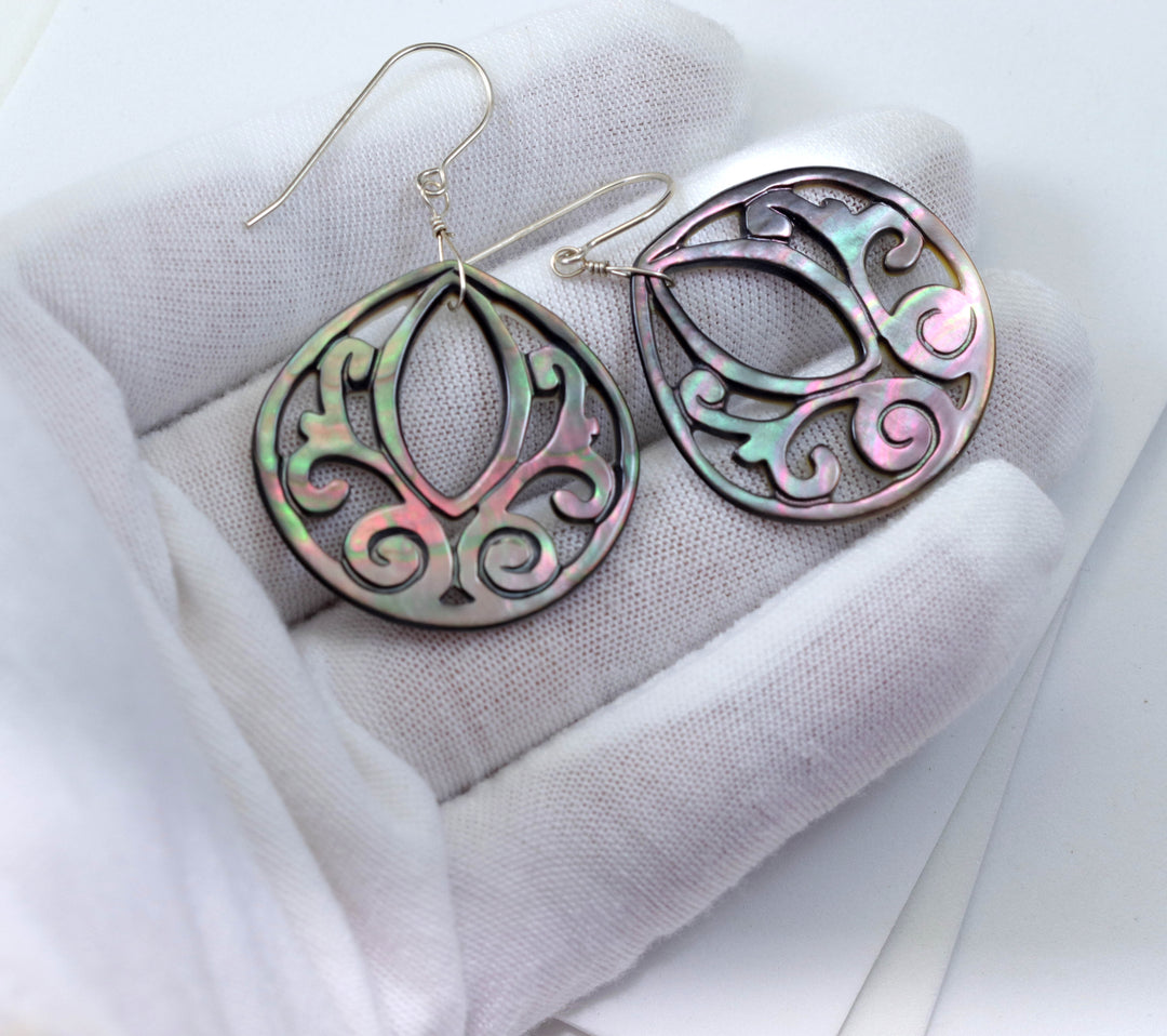 Mother of Pearl Black Lip Shell Teardrop Earrings Natural Peacock Carved Sterling Silver  Silvery Pink and Blue Colors 14k Solid Gold 2"