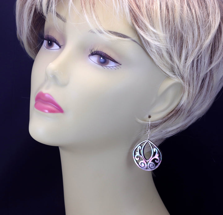 Mother of Pearl Black Lip Shell Teardrop Earrings Natural Peacock Carved Sterling Silver  Silvery Pink and Blue Colors 14k Solid Gold 2"