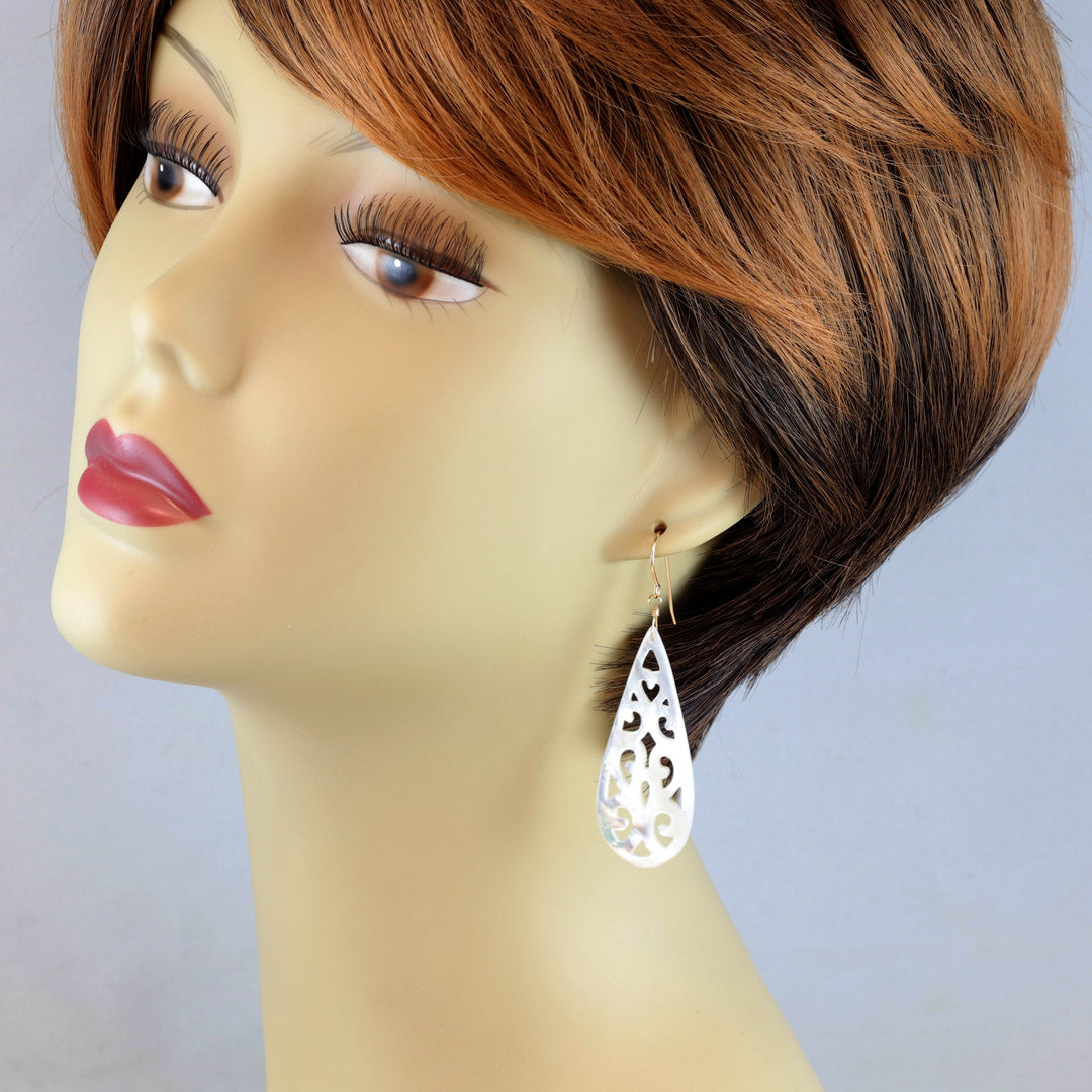 Mother of Pearl Earrings White Shell Carved Relief Teardrop Natural 14k Solid Gold or Filled or Sterling Silver Large Long Luster MOP  2 In