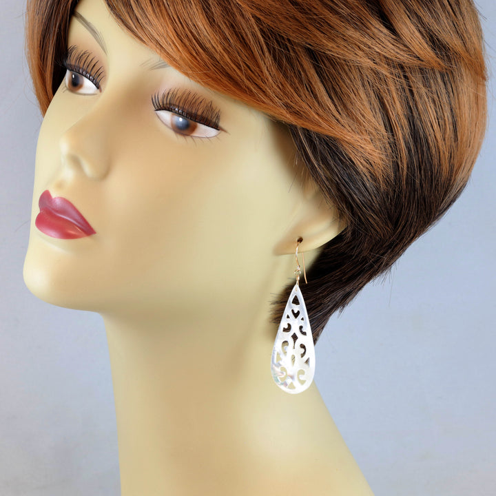 Mother of Pearl Earrings White Shell Carved Relief Teardrop Natural 14k Solid Gold or Filled or Sterling Silver Large Long Luster MOP  2 In