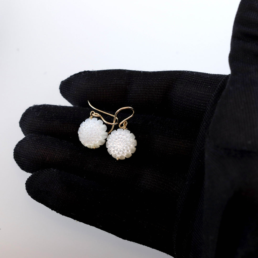 Copy of Mother of Pearl Earrings White Rose Shell Carved Lotus Flower Natural 14k Solid Gold or Filled or Sterling Silver Simple MOP Lightweight Drop
