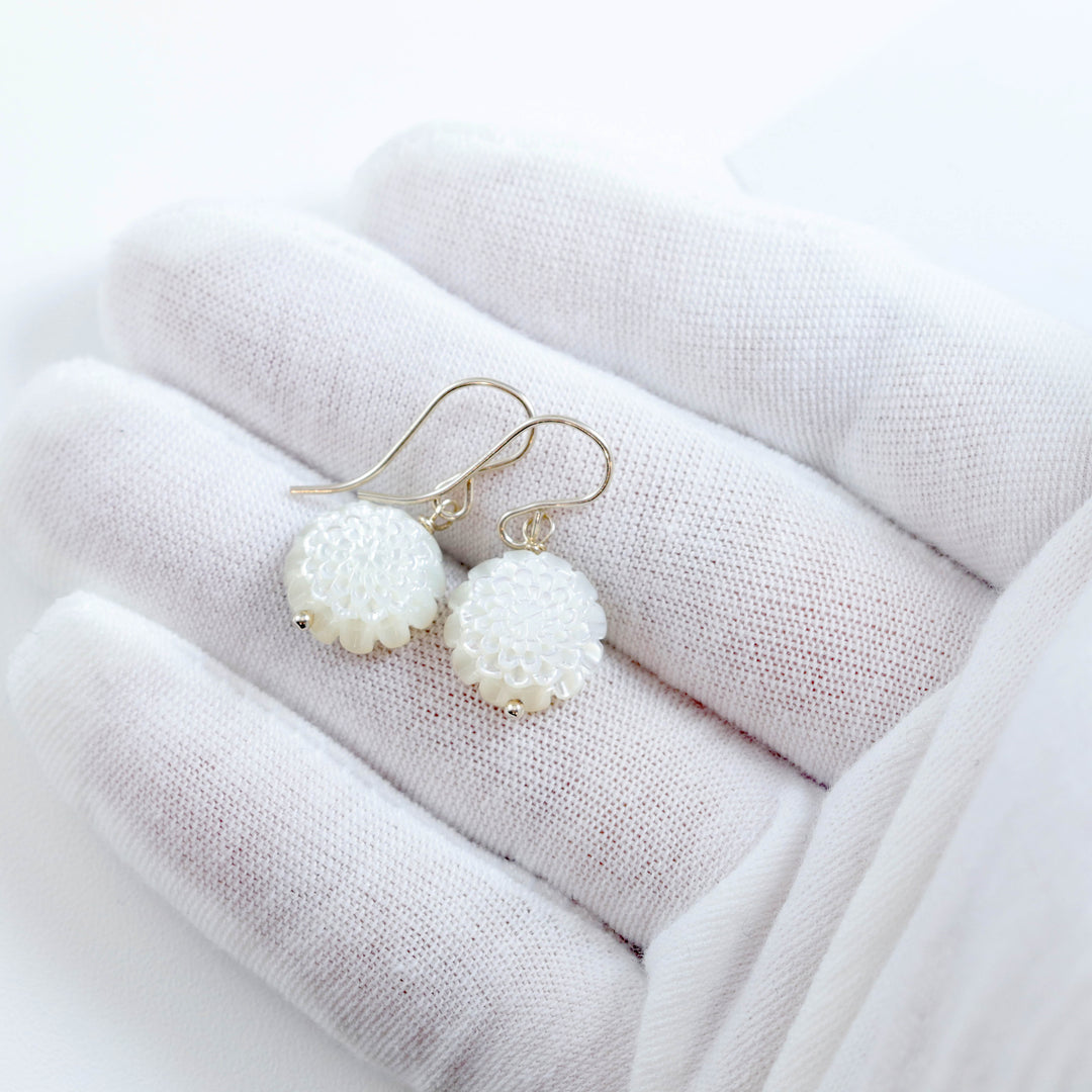 Copy of Mother of Pearl Earrings White Rose Shell Carved Lotus Flower Natural 14k Solid Gold or Filled or Sterling Silver Simple MOP Lightweight Drop