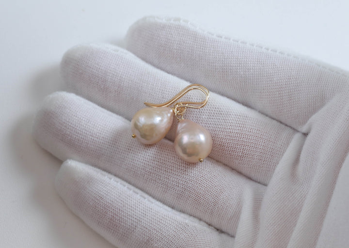 Baroque Pearl Earrings Sterling Silver or 14k Solid Yellow Gold or Filled Champagne Pink Simple Dainty Pearls Freshwater Unique Drops