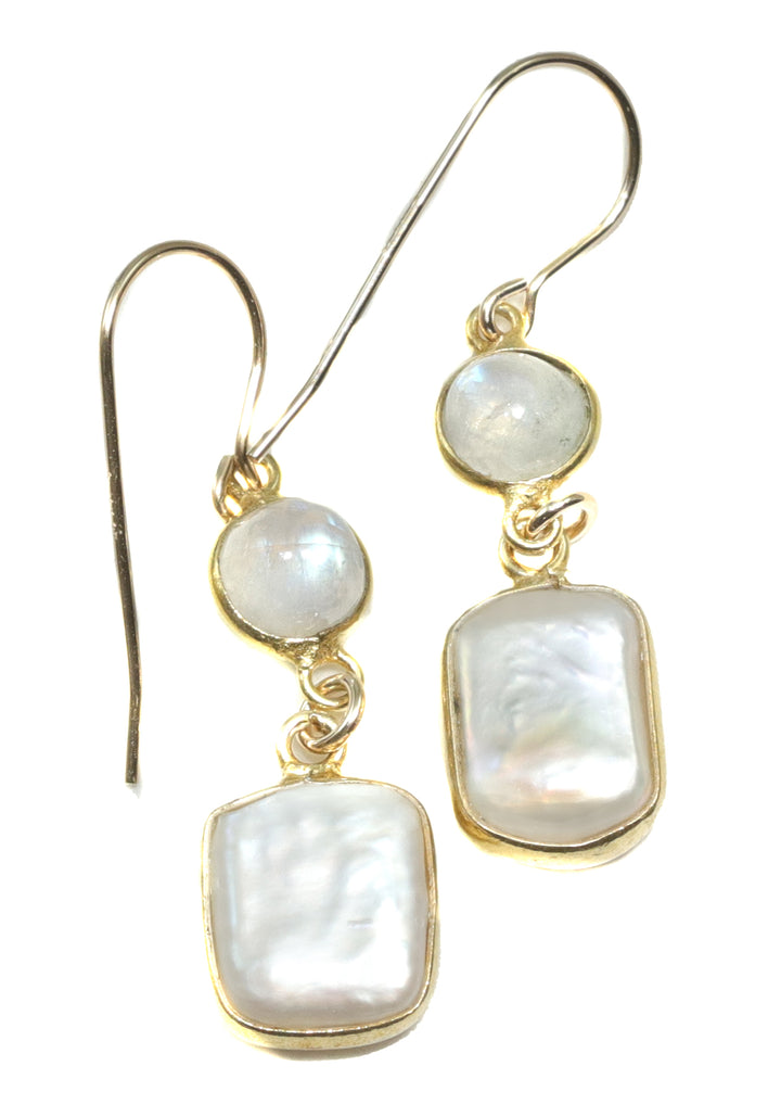 Pearl Earrings 14k gold filled Bezel Set Rainbow Blue Faceted Moonstone Double Hung Freshwater Cultured Pearls Rectangle Cut Bezeled  Drop