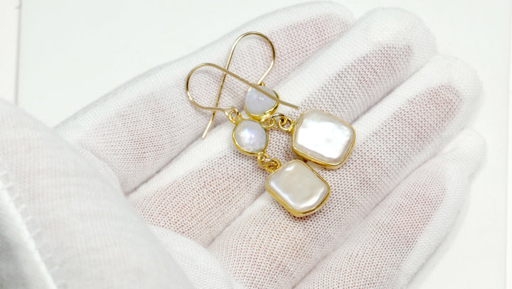 Pearl Earrings 14k gold filled Bezel Set Rainbow Blue Faceted Moonstone Double Hung Freshwater Cultured Pearls Rectangle Cut Bezeled  Drop