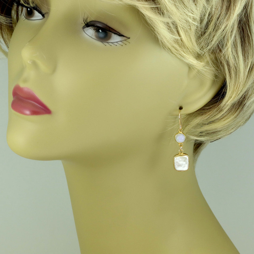 Pearl Earrings 14k gold filled Bezel Set Rainbow Blue Faceted Moonstone Double Hung Freshwater Cultured Pearls Rectangle Cut Bezeled  Drop