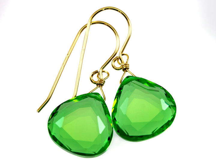 Peridot Green Earrings Heart Briolette Simulated Teardrop 14k Solid Gold or Yellow or Rose Filled or Sterling Silver Simple Light Drops
