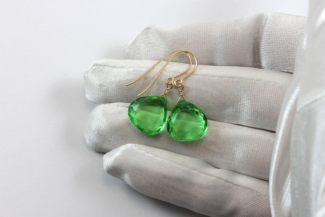 Peridot Green Earrings Heart Briolette Simulated Teardrop 14k Solid Gold or Yellow or Rose Filled or Sterling Silver Simple Light Drops
