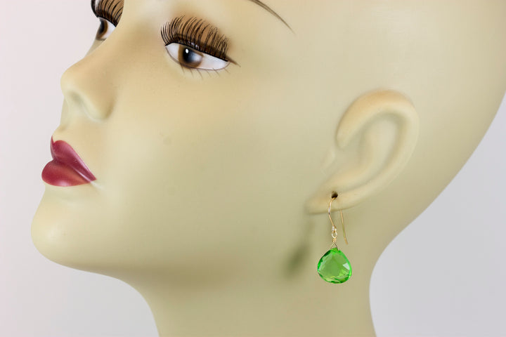 Peridot Green Earrings Heart Briolette Simulated Teardrop 14k Solid Gold or Yellow or Rose Filled or Sterling Silver Simple Light Drops