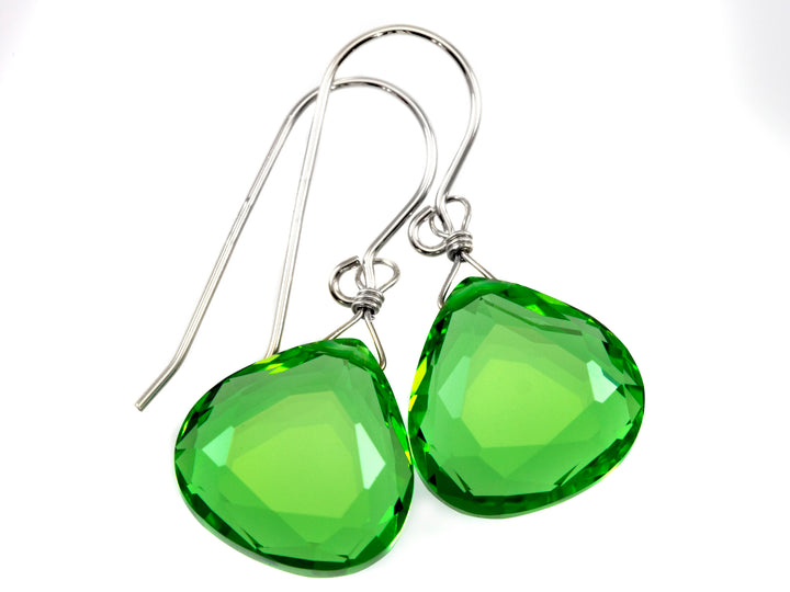 Peridot Green Earrings Heart Briolette Simulated Teardrop 14k Solid Gold or Yellow or Rose Filled or Sterling Silver Simple Light Drops