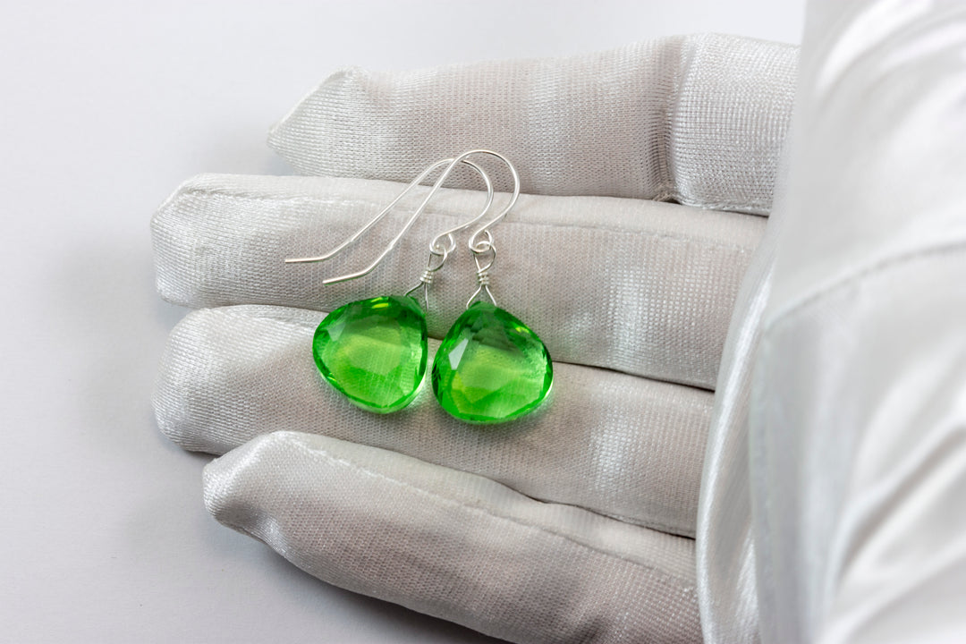 Peridot Green Earrings Heart Briolette Simulated Teardrop 14k Solid Gold or Yellow or Rose Filled or Sterling Silver Simple Light Drops