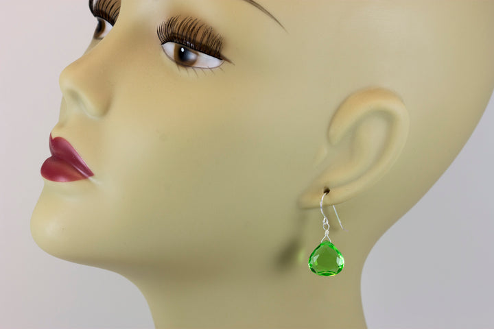 Peridot Green Earrings Heart Briolette Simulated Teardrop 14k Solid Gold or Yellow or Rose Filled or Sterling Silver Simple Light Drops