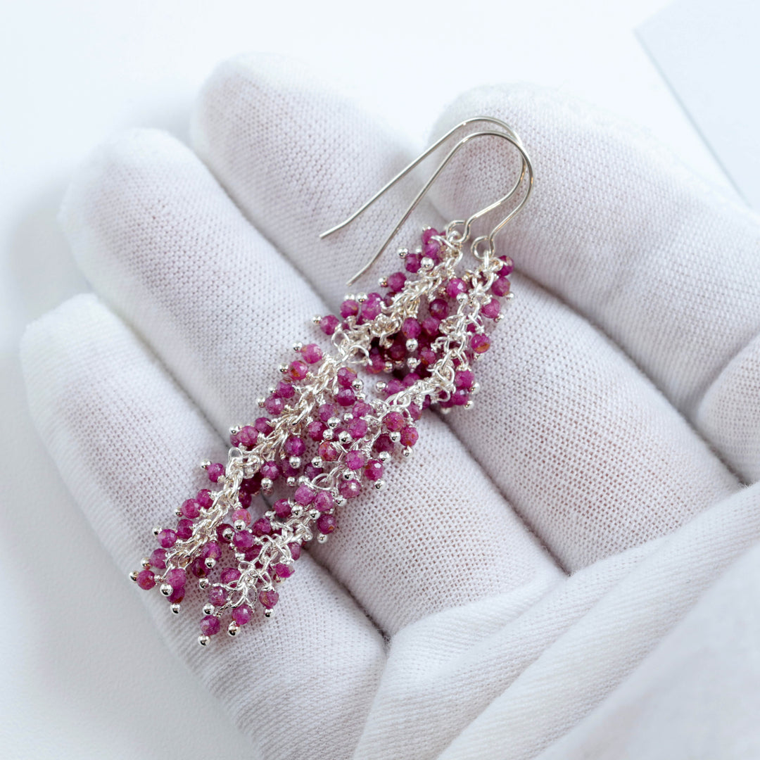 Red Ruby Earrings Long Dangle Clusters 2.6 Inches Chandelier Style Natural Gemstones Spyglass Designs Sterling Silver 14k Solid Gold