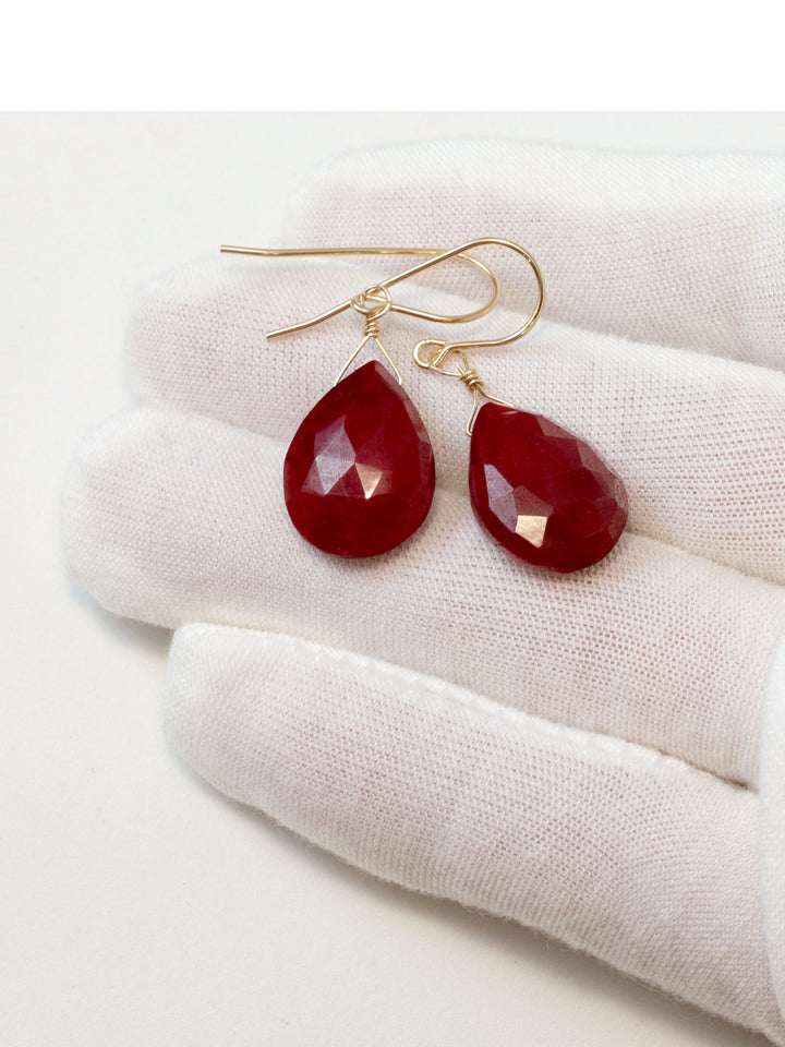 Natural Ruby Earrings Faceted Pear Shaped Teardrops 14k solid Gold or Yellow or Rose Filled or Sterling Silver Deep Rich Red  Dangle Drops
