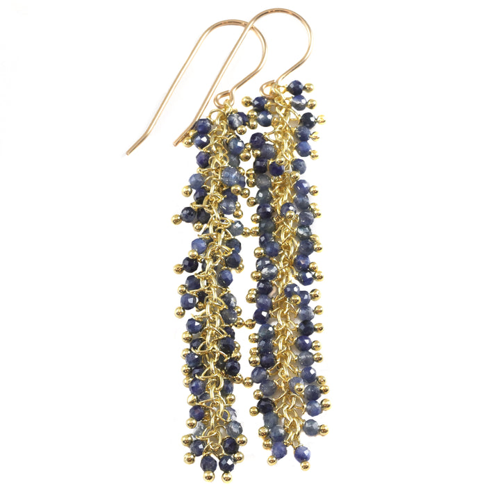 Blue Sapphire Earrings Long Dangle Clusters 2.6 Inches Chandelier Style Natural Gemstones Spyglass Designs Sterling Silver 14k Solid Gold