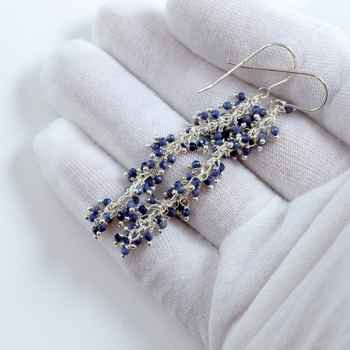 Blue Sapphire Earrings Long Dangle Clusters 2.6 Inches Chandelier Style Natural Gemstones Spyglass Designs Sterling Silver 14k Solid Gold