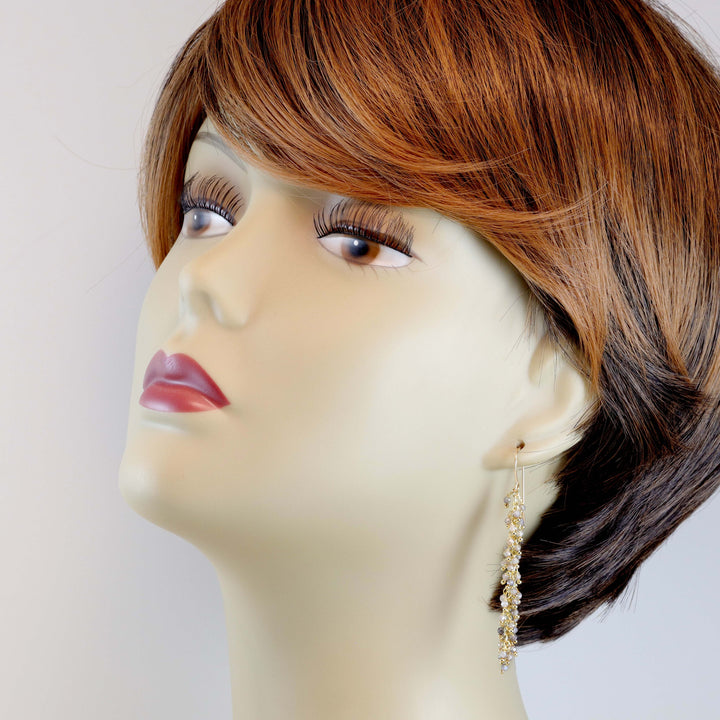 White Sapphire and Moonstone Earrings Long Dangle Clusters 2.6 Inch Chandelier Style Natural Spyglass Design Sterling Silver 14k Solid Gold