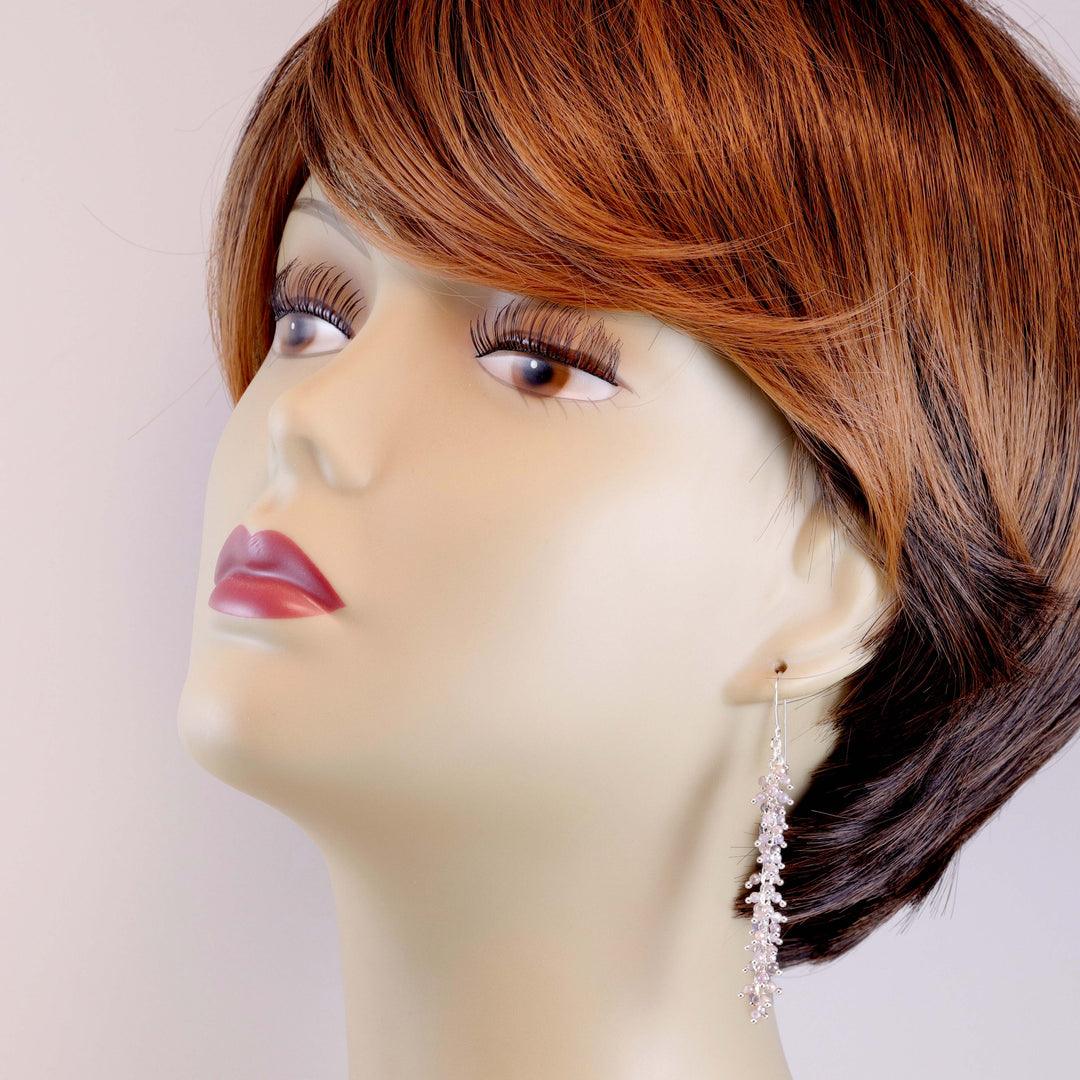 White Sapphire and Moonstone Earrings Long Dangle Clusters 2.6 Inch Chandelier Style Natural Spyglass Design Sterling Silver 14k Solid Gold