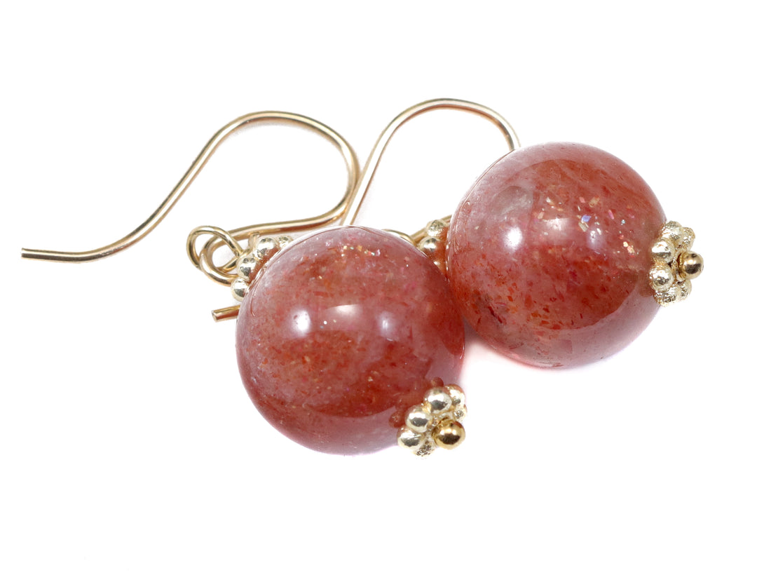 Copper Sunstone Earrings Smooth Round 14k Solid Yellow Gold or Sterling Silver 1 Inch Drops
