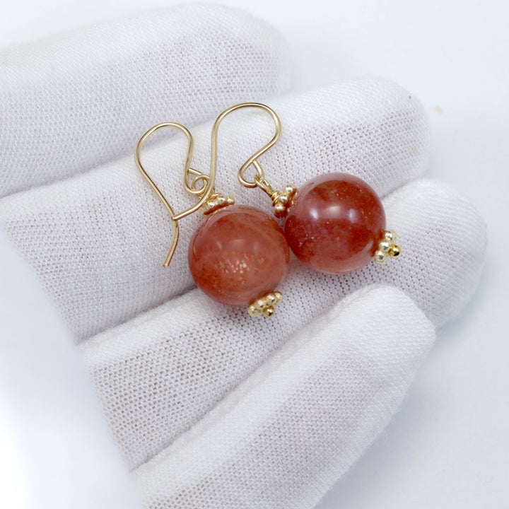 Copper Sunstone Earrings Smooth Round 14k Solid Yellow Gold or Sterling Silver 1 Inch Drops