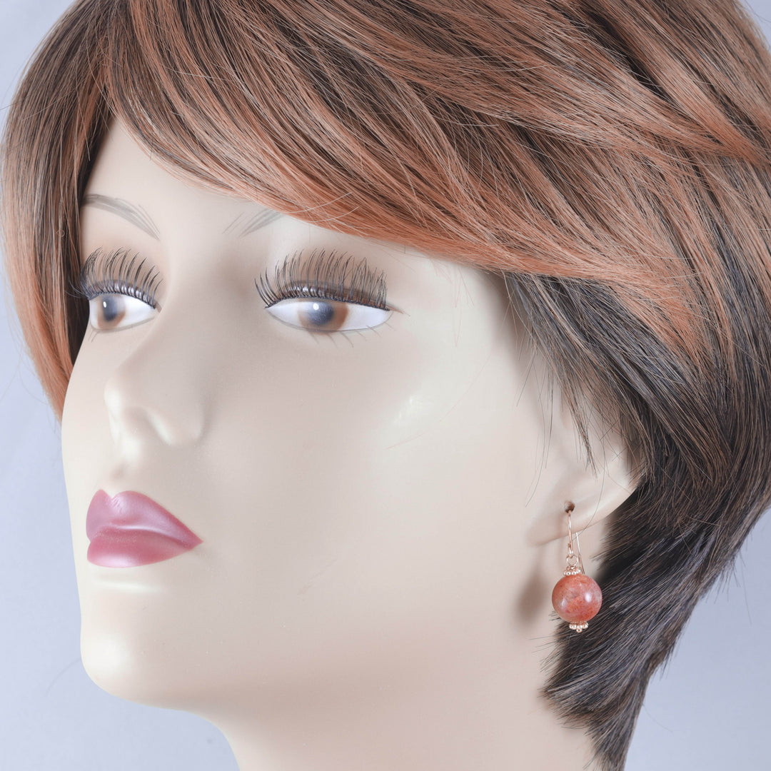 Copper Sunstone Earrings Smooth Round 14k Solid Yellow Gold or Sterling Silver 1 Inch Drops