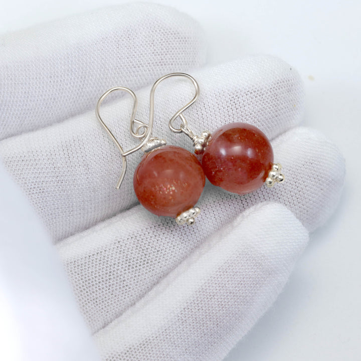 Copper Sunstone Earrings Smooth Round 14k Solid Yellow Gold or Sterling Silver 1 Inch Drops