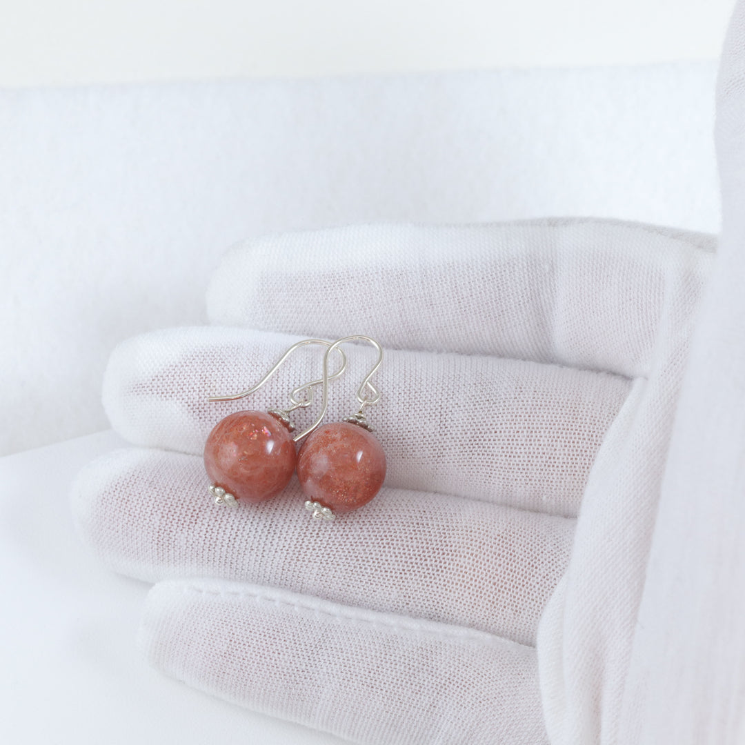 Copper Sunstone Earrings Smooth Round 14k Solid Yellow Gold or Sterling Silver 1 Inch Drops