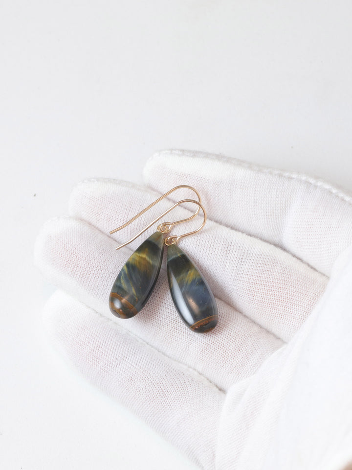 Tiger's Eye Hawk's Eye Blue Earrings Long Smooth Drop Sterling Silver or 14k Gold Filled or Solid 14k Gold Real Natural Simple Teardrops