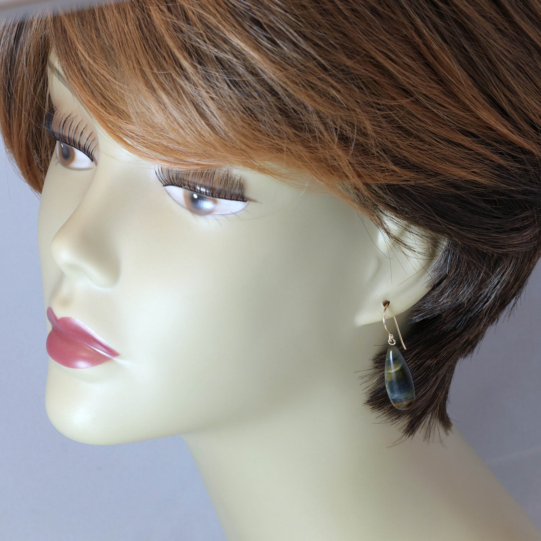 Tiger's Eye Hawk's Eye Blue Earrings Long Smooth Drop Sterling Silver or 14k Gold Filled or Solid 14k Gold Real Natural Simple Teardrops