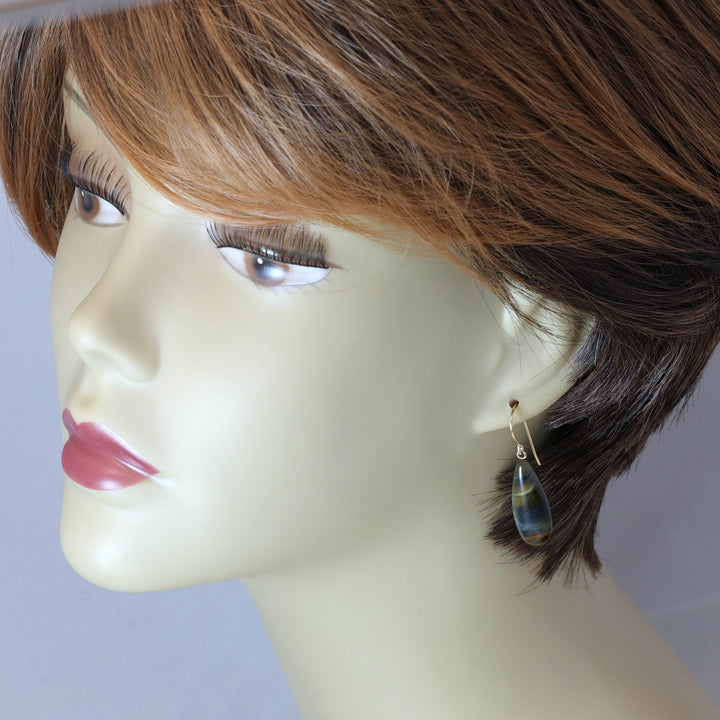 Tiger's Eye Hawk's Eye Blue Earrings Long Smooth Drop Sterling Silver or 14k Gold Filled or Solid 14k Gold Real Natural Simple Teardrops