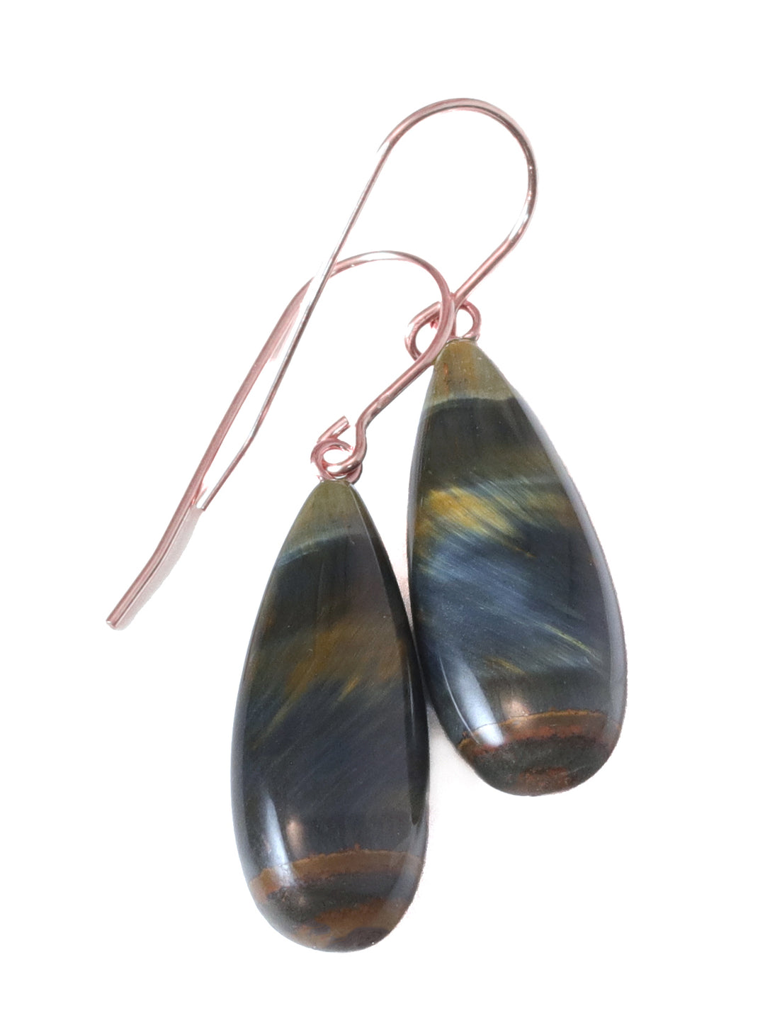 Tiger's Eye Hawk's Eye Blue Earrings Long Smooth Drop Sterling Silver or 14k Gold Filled or Solid 14k Gold Real Natural Simple Teardrops