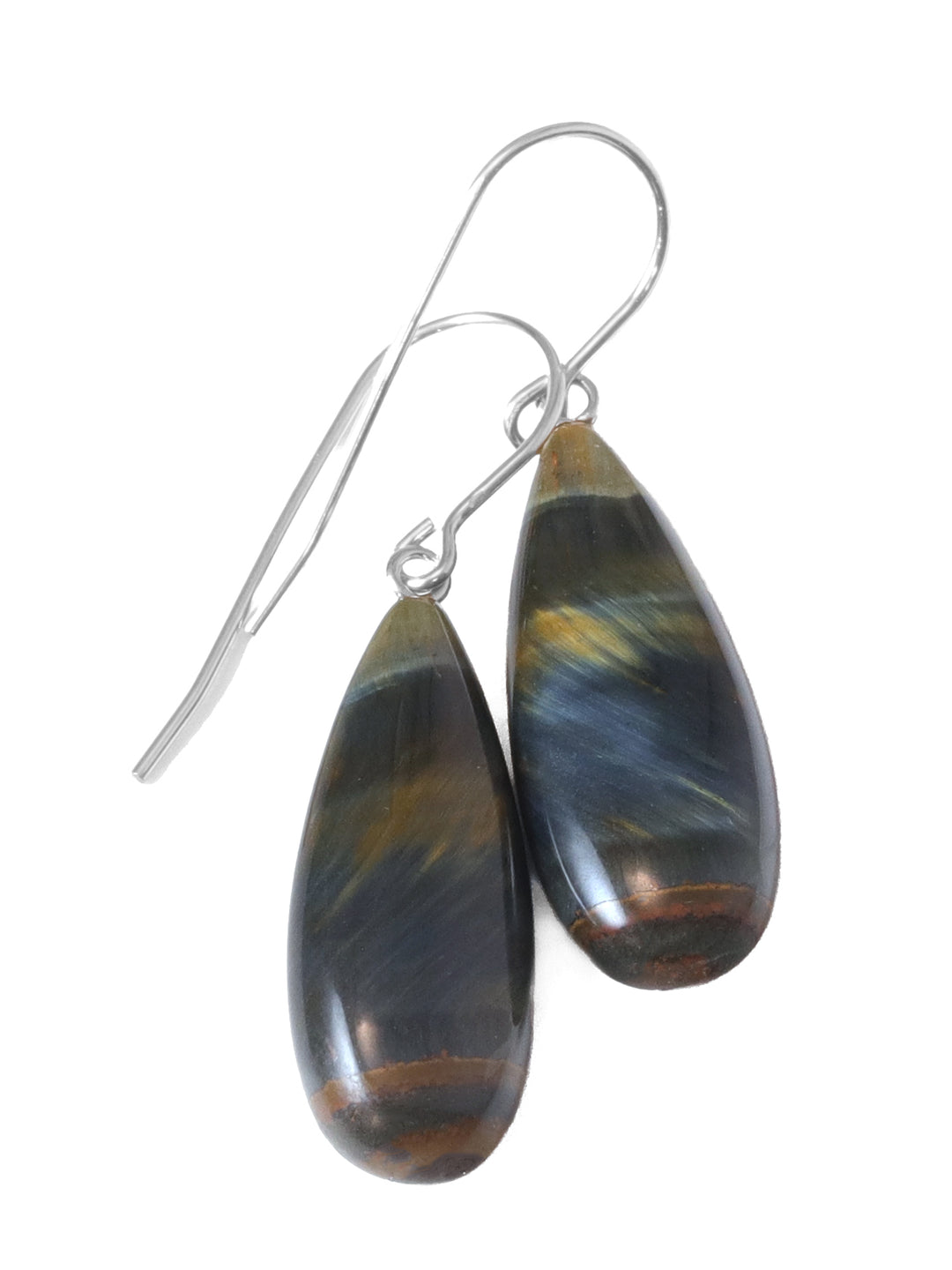 Tiger's Eye Hawk's Eye Blue Earrings Long Smooth Drop Sterling Silver or 14k Gold Filled or Solid 14k Gold Real Natural Simple Teardrops