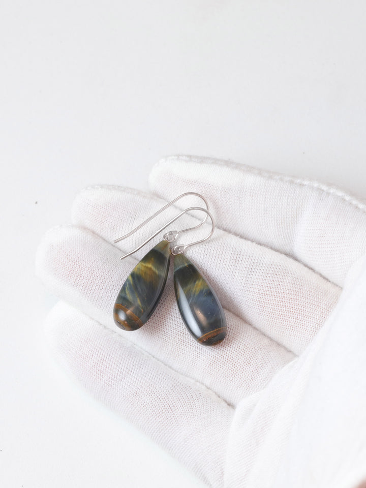 Tiger's Eye Hawk's Eye Blue Earrings Long Smooth Drop Sterling Silver or 14k Gold Filled or Solid 14k Gold Real Natural Simple Teardrops