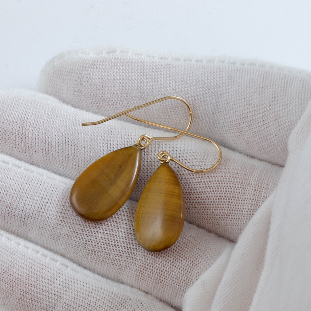 Tiger's Eye Earrings Smooth Long Teardrop dangle drop Sterling Silver or 14k Solid Gold or Filled Natural Golden Shimmer Drops Spyglass