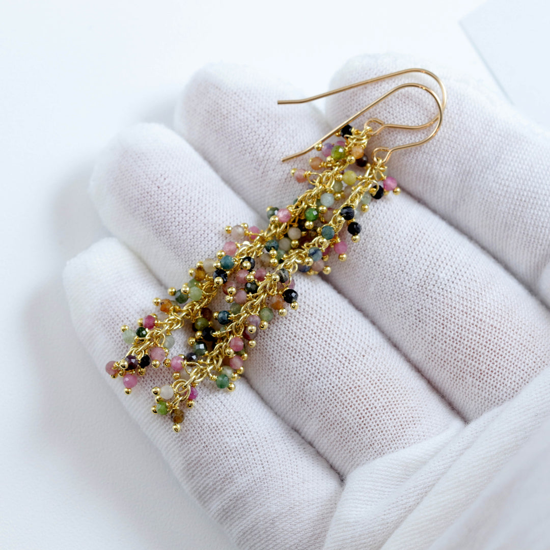 Tourmaline Earrings Long Dangle Clusters 2.6 " Pink Multi Chandelier Style Natural Gemstones Spyglass Designs Sterling Silver 14k Solid Gold