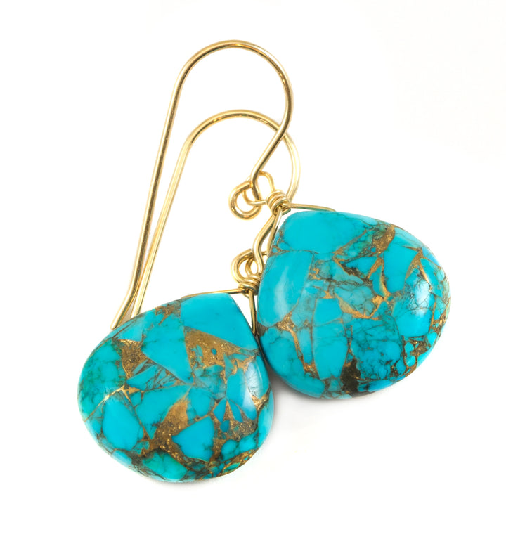 Copper Mosaic Blue Turquoise Earrings Large Heart Sterling Silver or 14k Solid Yellow Gold or Filled 18mm  Simple Drops Spyglass Designs