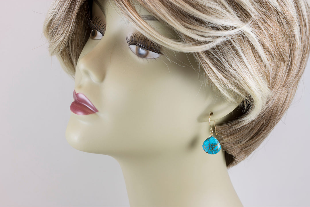 Copper Mosaic Blue Turquoise Earrings Large Heart Sterling Silver or 14k Solid Yellow Gold or Filled 18mm  Simple Drops Spyglass Designs