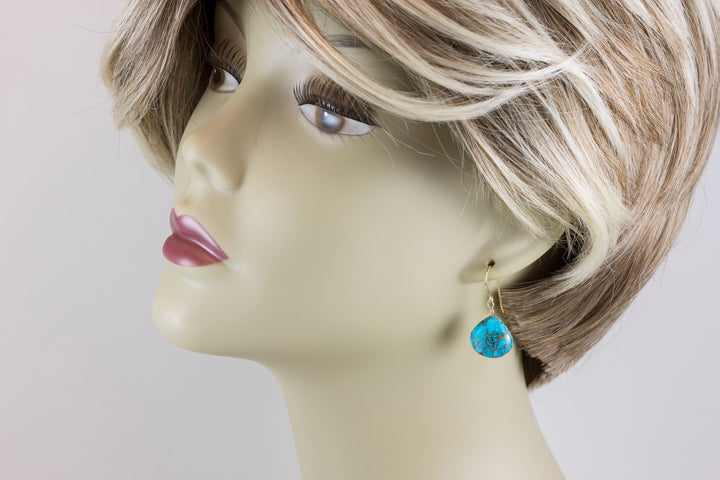 Copper Mosaic Blue Turquoise Earrings Large Heart Sterling Silver or 14k Solid Yellow Gold or Filled 18mm  Simple Drops Spyglass Designs