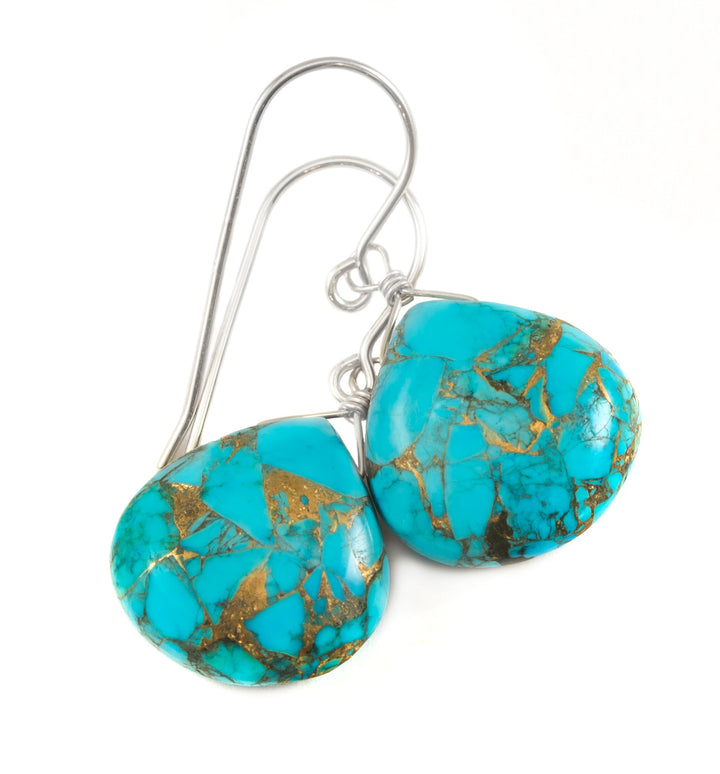 Copper Mosaic Blue Turquoise Earrings Large Heart Sterling Silver or 14k Solid Yellow Gold or Filled 18mm  Simple Drops Spyglass Designs