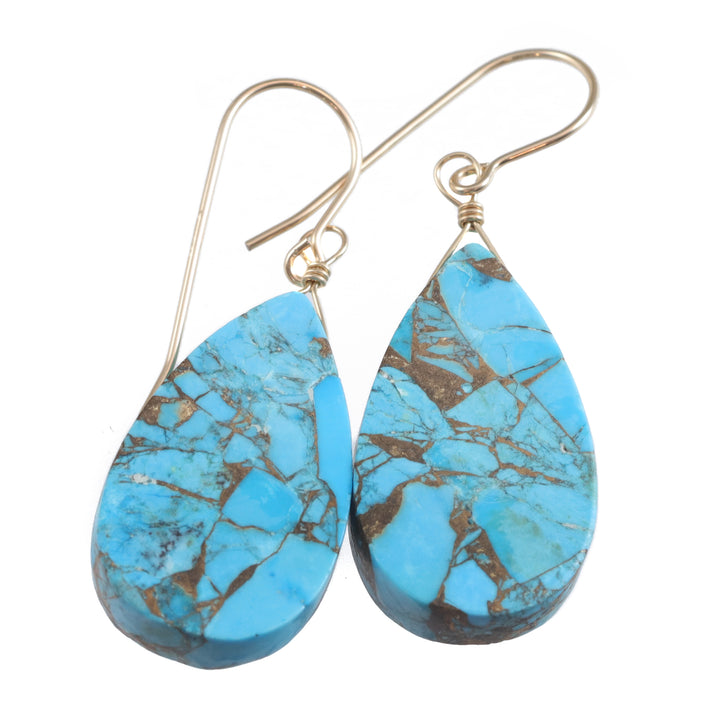 Copper Blue Turquoise Earrings Large Teardrop Sterling Silver or 14k Solid Yellow Gold or Fill Mosaic Veining Simple Drops Spyglass Designs