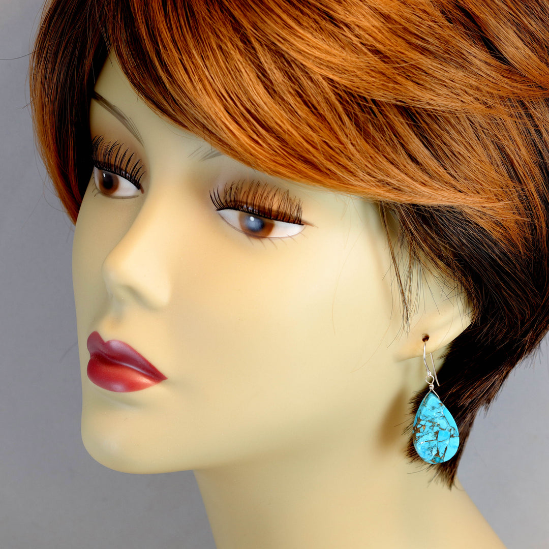 Copper Blue Turquoise Earrings Large Teardrop Sterling Silver or 14k Solid Yellow Gold or Fill Mosaic Veining Simple Drops Spyglass Designs