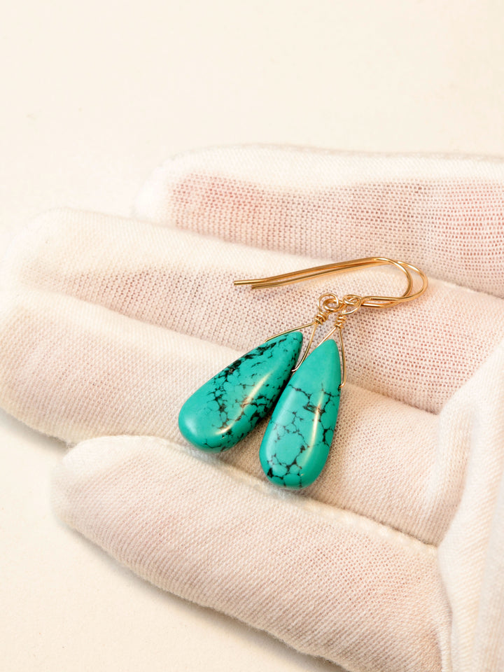 Turquoise Earrings Blue Green Long Teardrop  Dangle Drops Sterling Silver or 14k Solid Yellow Gold or Filled Teal Blue Smooth Simple Drop