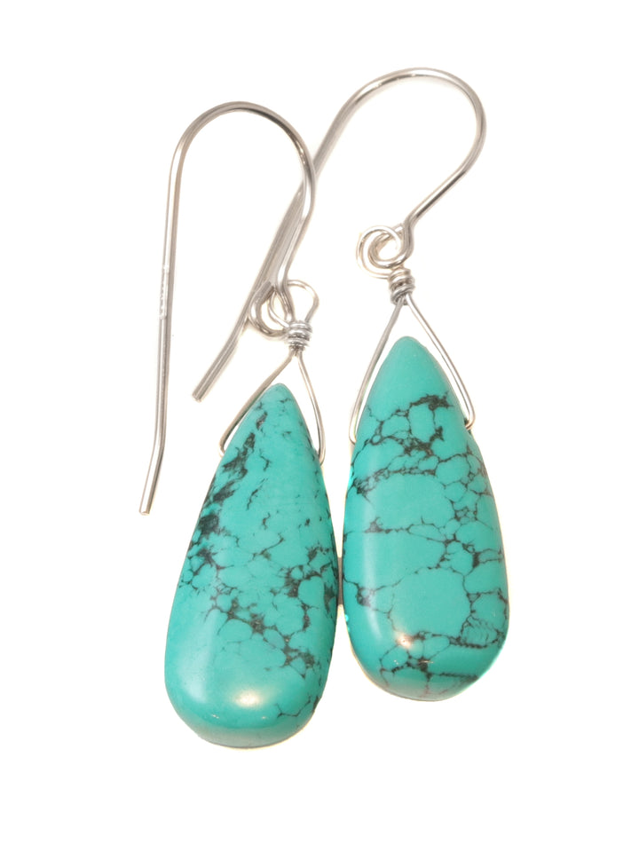 Turquoise Earrings Blue Green Long Teardrop  Dangle Drops Sterling Silver or 14k Solid Yellow Gold or Filled Teal Blue Smooth Simple Drop