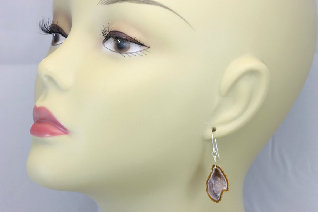 Baby Geode Earrings Tabasco Off White Gray Druzy Oval Sterling Silver Polished Small Natural Drusy Quartz Halved Geodes Paired AAA Drops