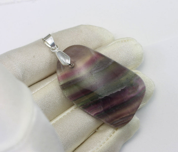Fluorite Pendant Purple Green Striped Large Necklace Pendent Bezel Set Natural Genuine  Contemporary Design AAA Rectangle Silver Plate Bail