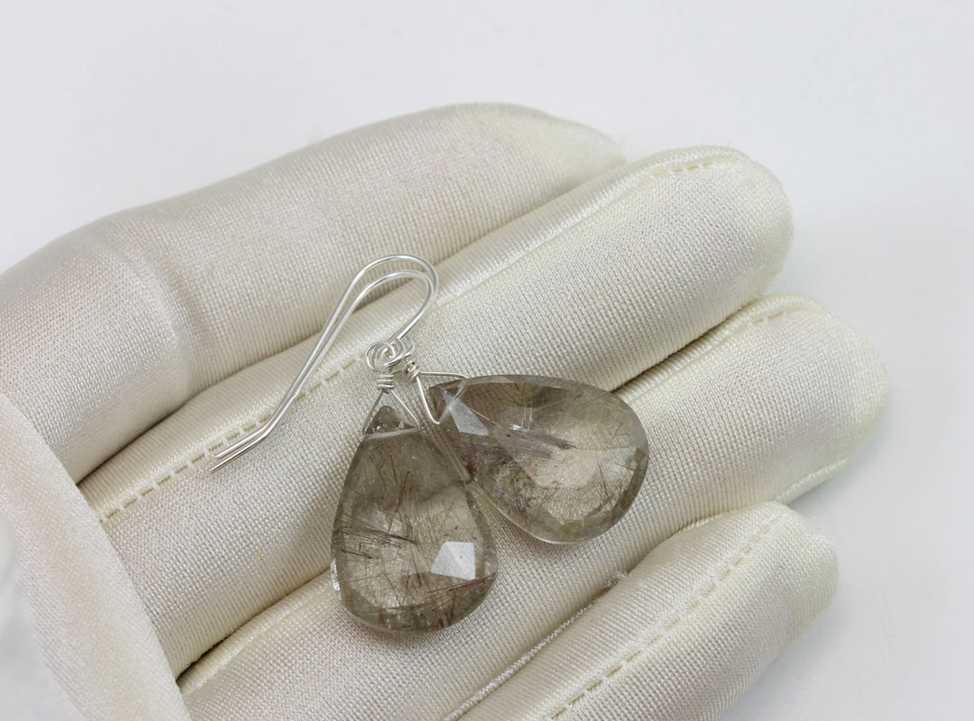 Black Bronze Rutile Tourmalated Quartz Earrings Sterling Silver Faceted Large Long Teardrop  AAA Quality Rich Select natural Rutilation