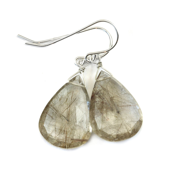 Black Bronze Rutile Tourmalated Quartz Earrings Sterling Silver Faceted Large Long Teardrop  AAA Quality Rich Select natural Rutilation