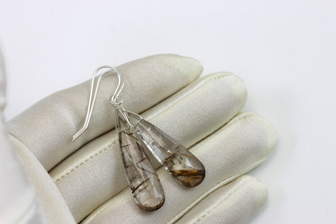 Bronze Rutile Tourmalated Quartz Earrings Sterling Silver Faceted Large Long Rutilated Teardrop AAA Rich Select natural Rutilation Drops