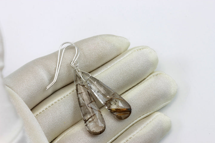 Bronze Rutile Tourmalated Quartz Earrings Sterling Silver Faceted Large Long Rutilated Teardrop AAA Rich Select natural Rutilation Drops